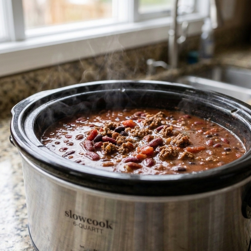 A slow cooker filled with simmering chili with visible beans and ground meat near the surface
