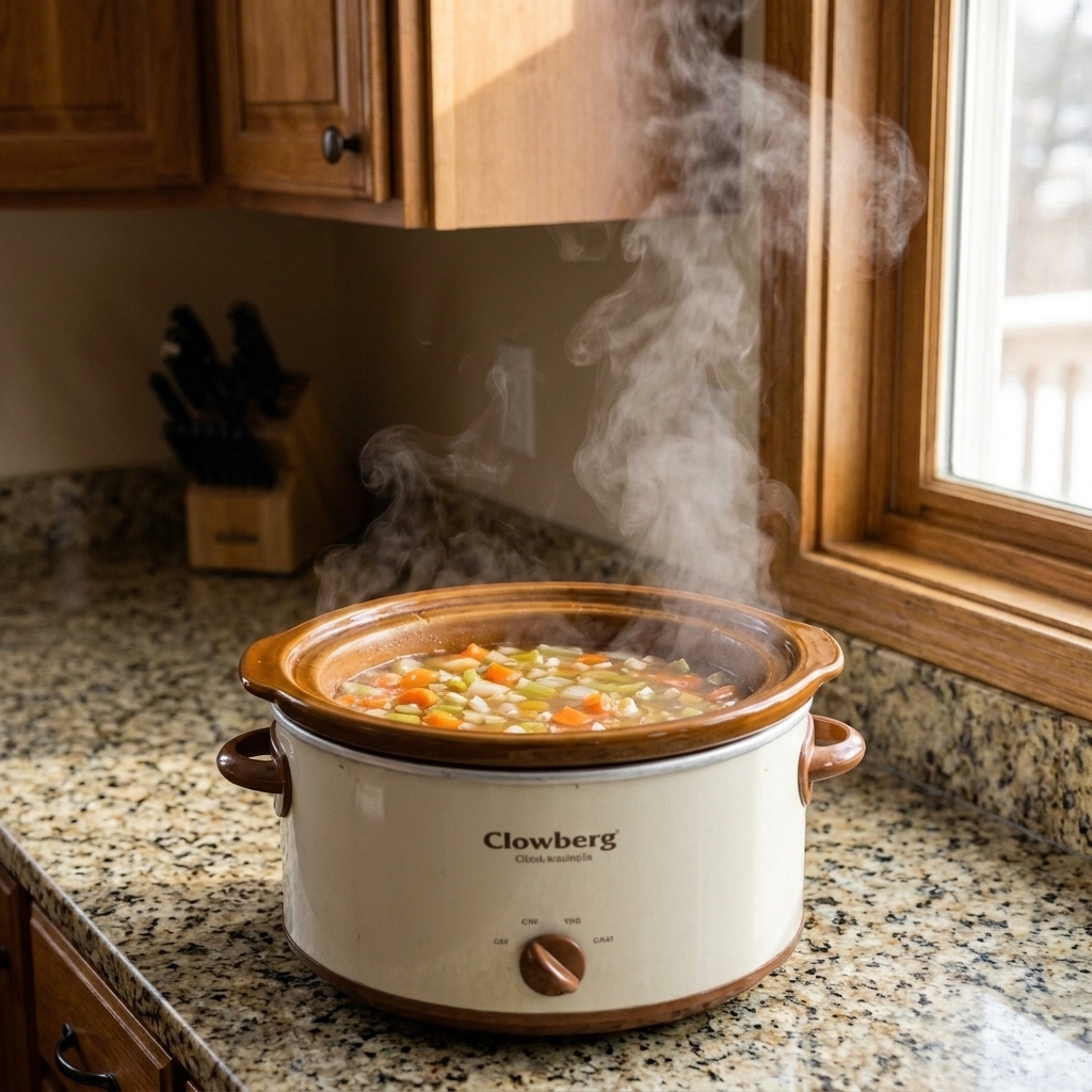 A slow cooker filled with soup gently bubbling with the lid off, steam rising in a cozy kitchen