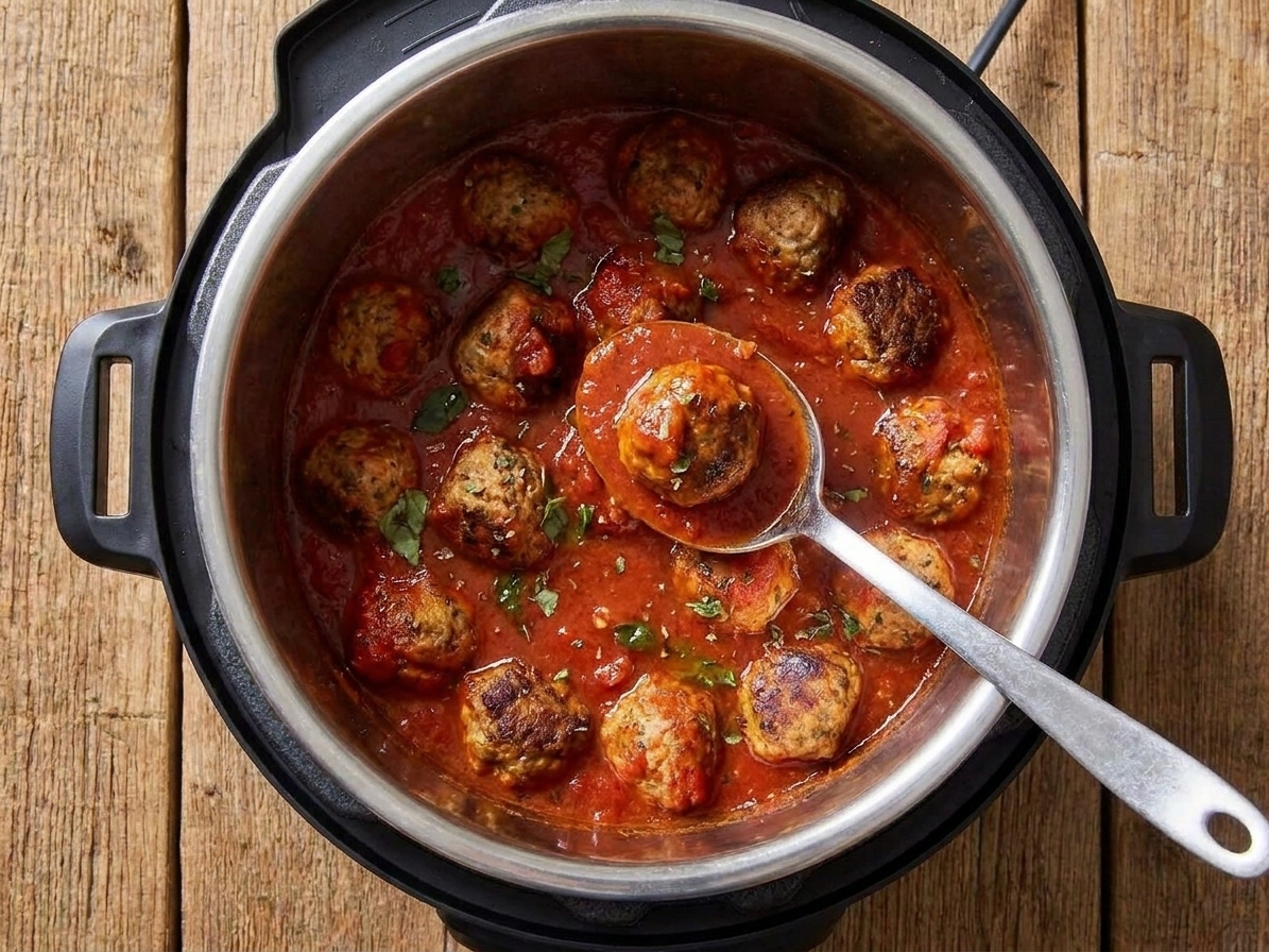 A slow cooker filled with turkey meatballs simmering in marinara sauce, with a spoon scooping one meatball