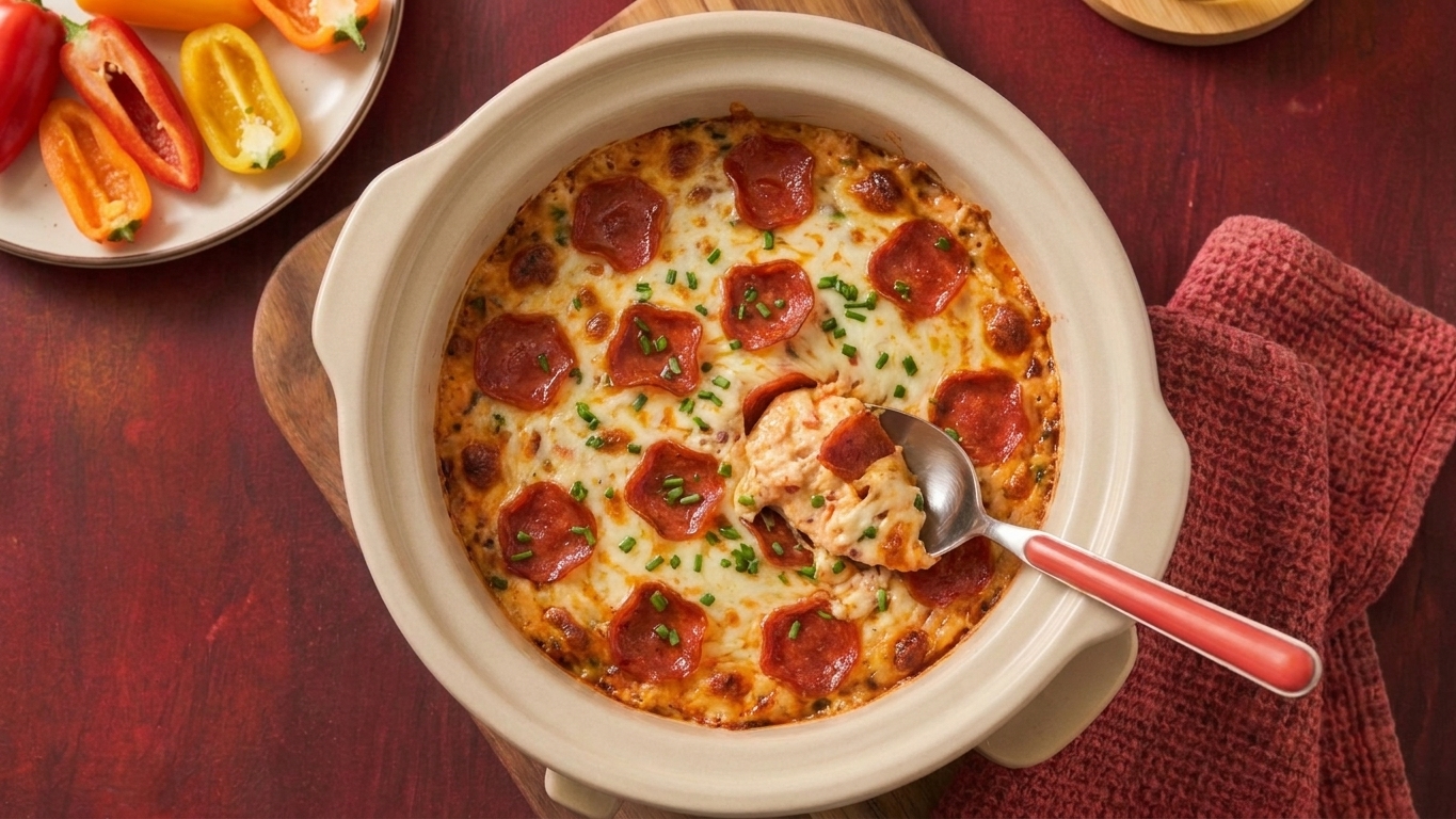 A slow cooker filled with warm pizza dip topped with melted mozzarella and pepperoni, with sliced mini peppers ready for dipping