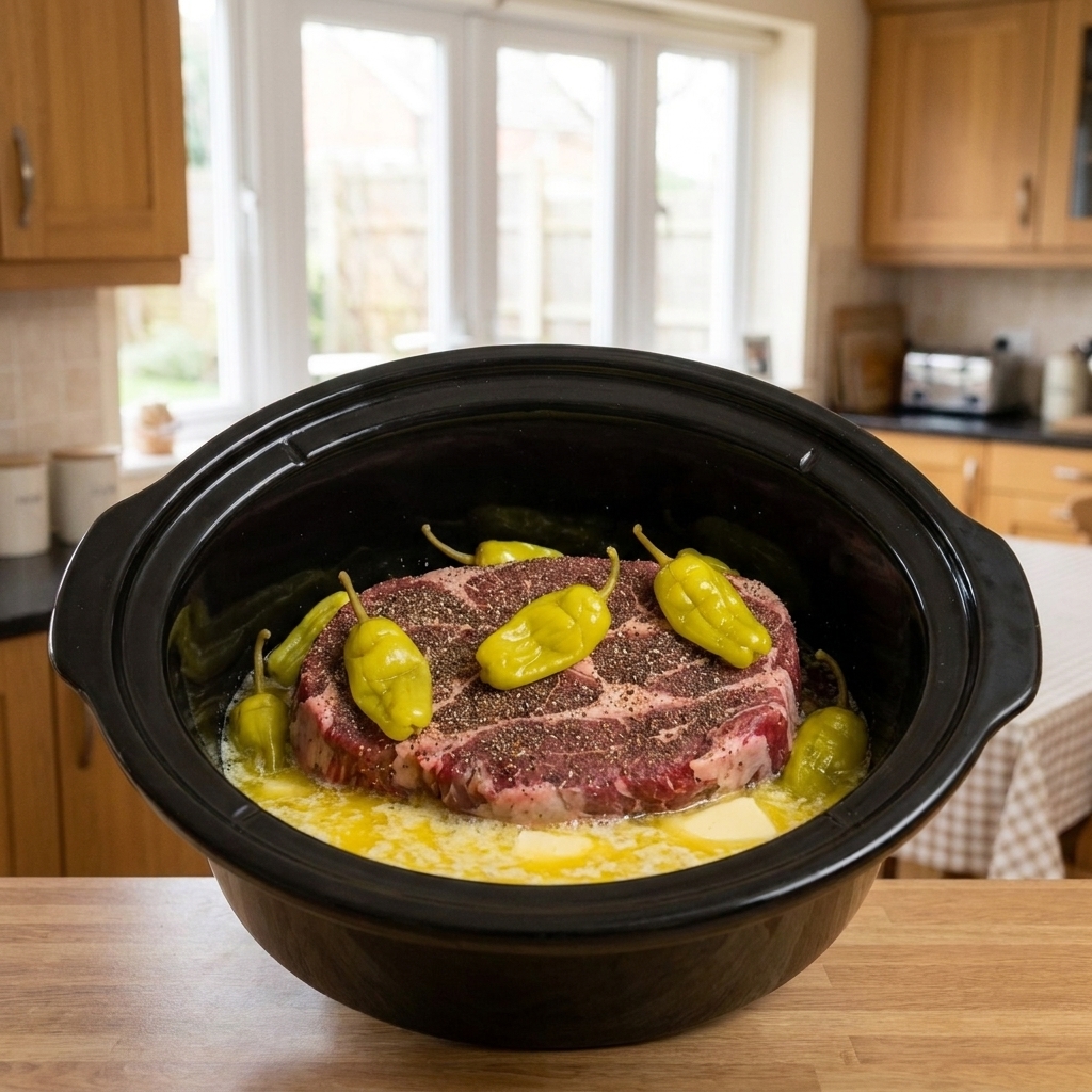 A slow cooker insert filled with a chuck roast topped with seasoning and pepperoncini peppers, with melted butter pooling around the edges
