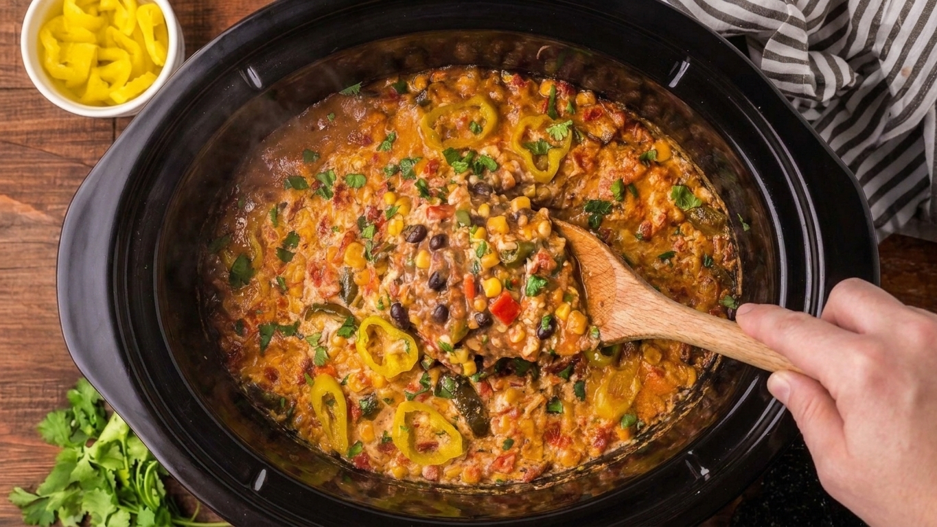 A slow cooker of chunky black bean fiesta dip with corn, peppers, and cilantro on top