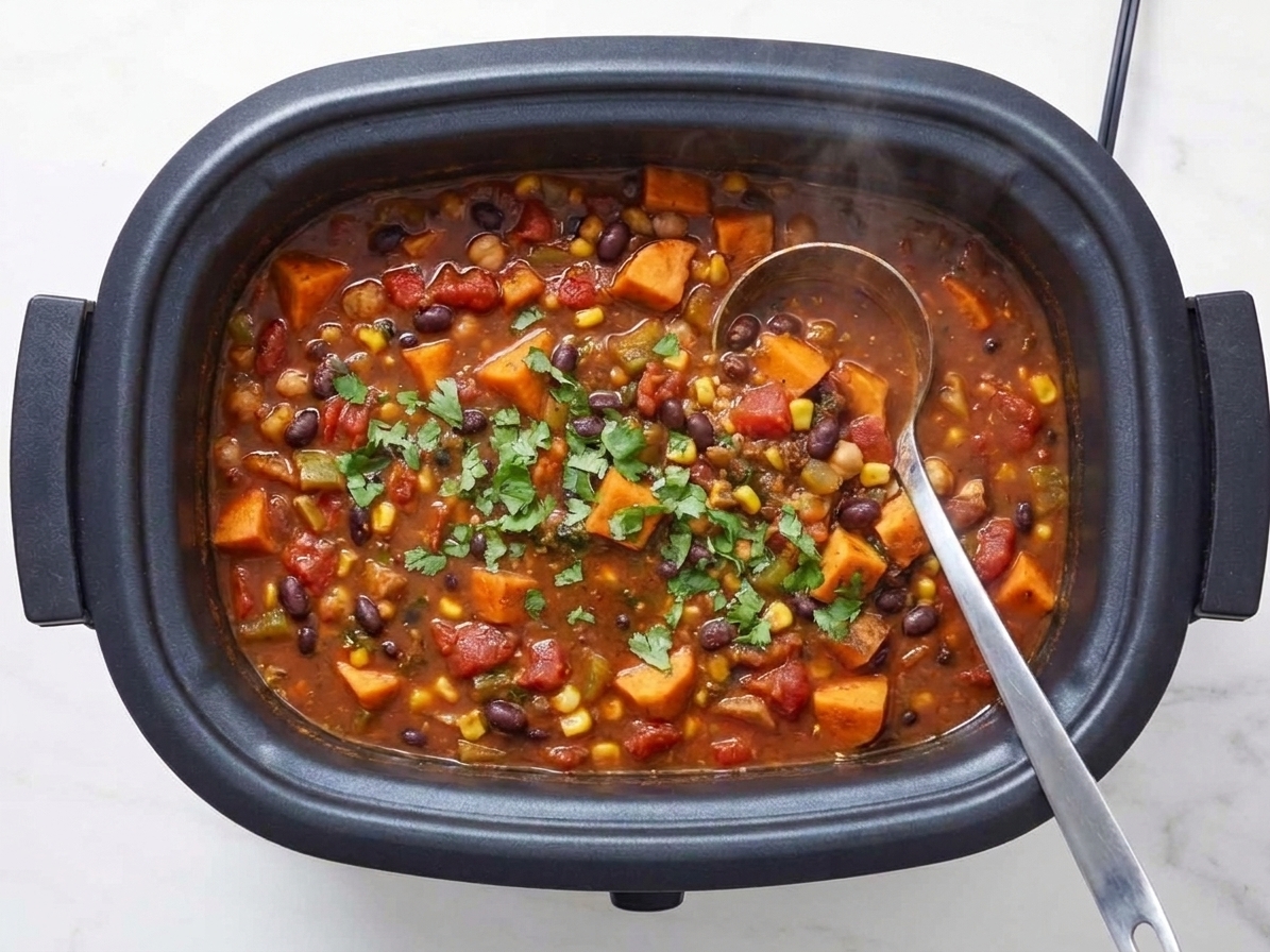 A slow cooker of enchilada bean stew with corn and black beans, topped with chopped cilantro