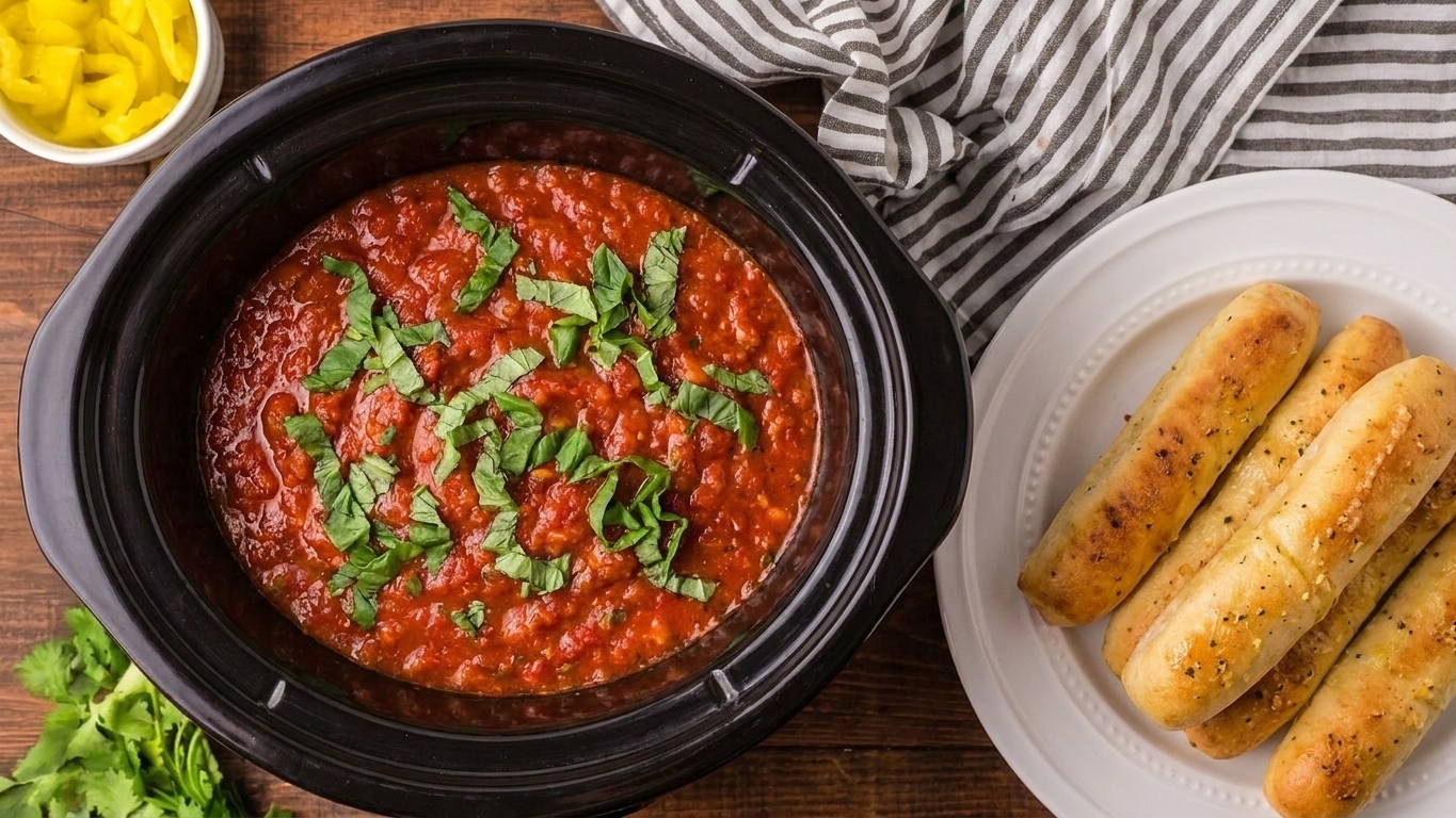A slow cooker of thick marinara dip topped with fresh basil, with breadsticks on a plate nearby