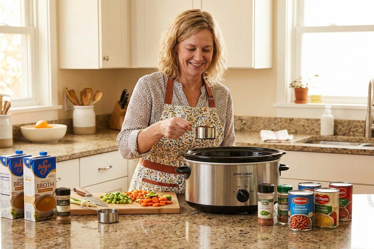 A slow cooker on a clean kitchen counter with measuring cups, a cutting board, and pantry staples ready to prep