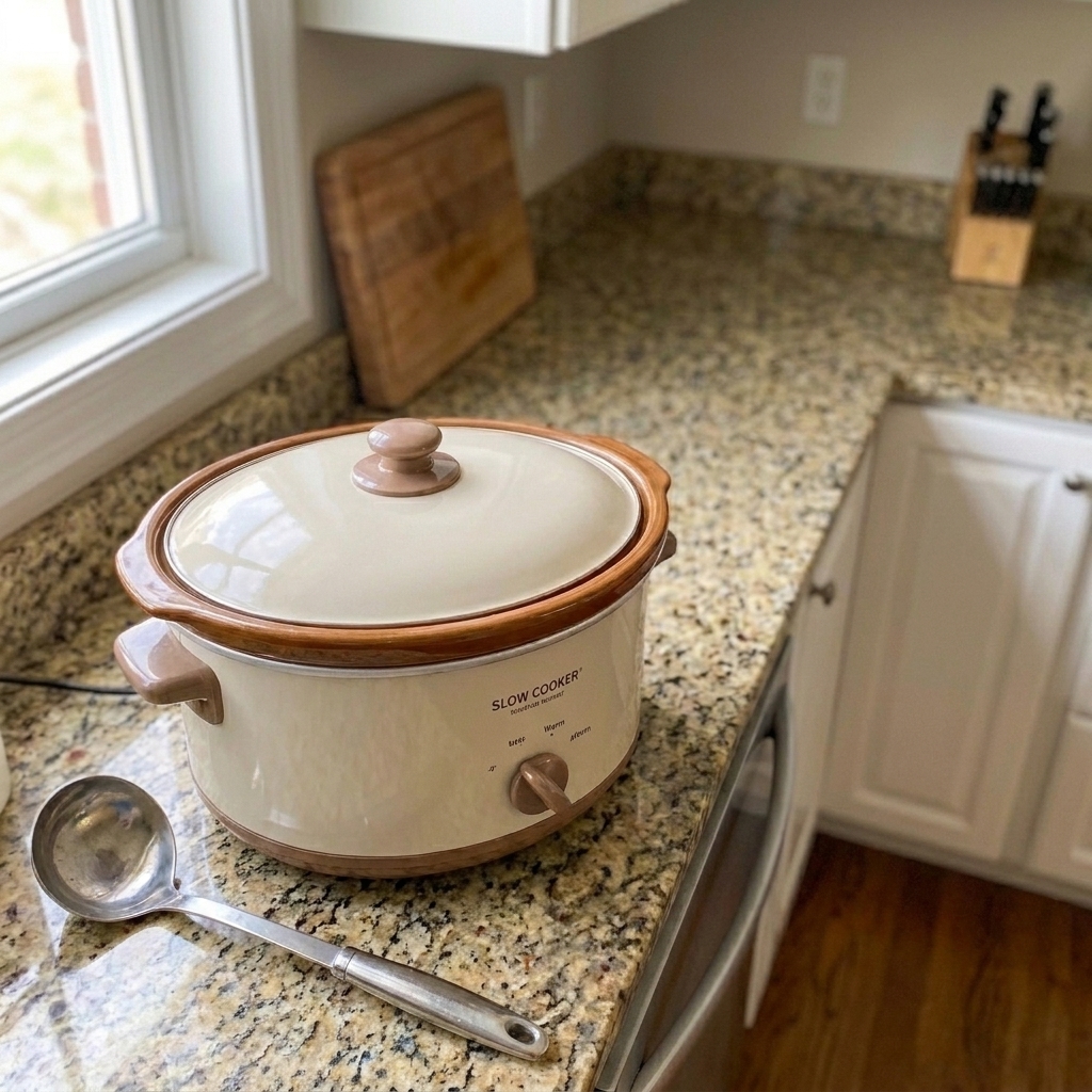 A slow cooker on a countertop with the dial set to warm, with a ladle resting nearby