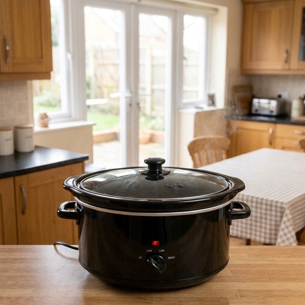 A slow cooker on a kitchen counter with the dial turned to the low setting, ready to cook all day