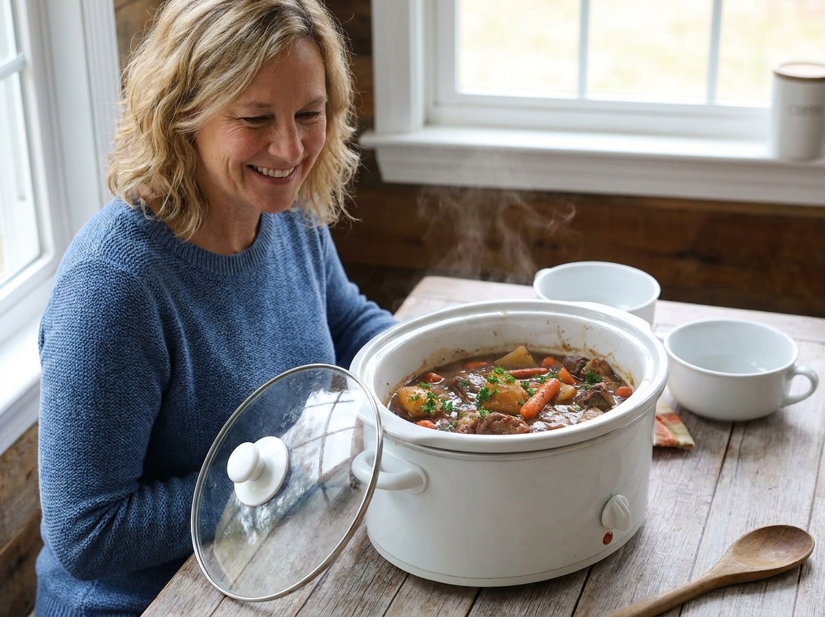 A slow cooker on a kitchen counter with the lid set beside it, showing a bubbling stew inside