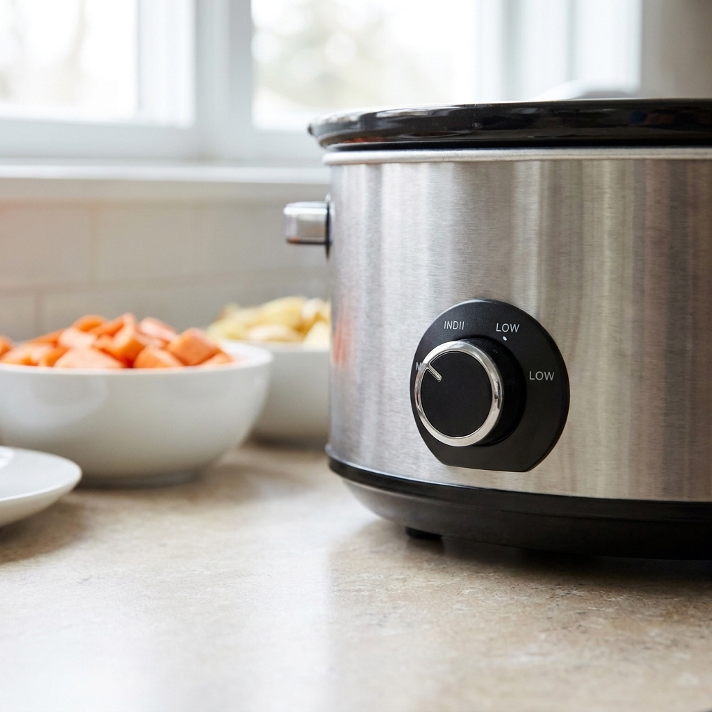 A slow cooker temperature dial set to the low setting on a kitchen counter