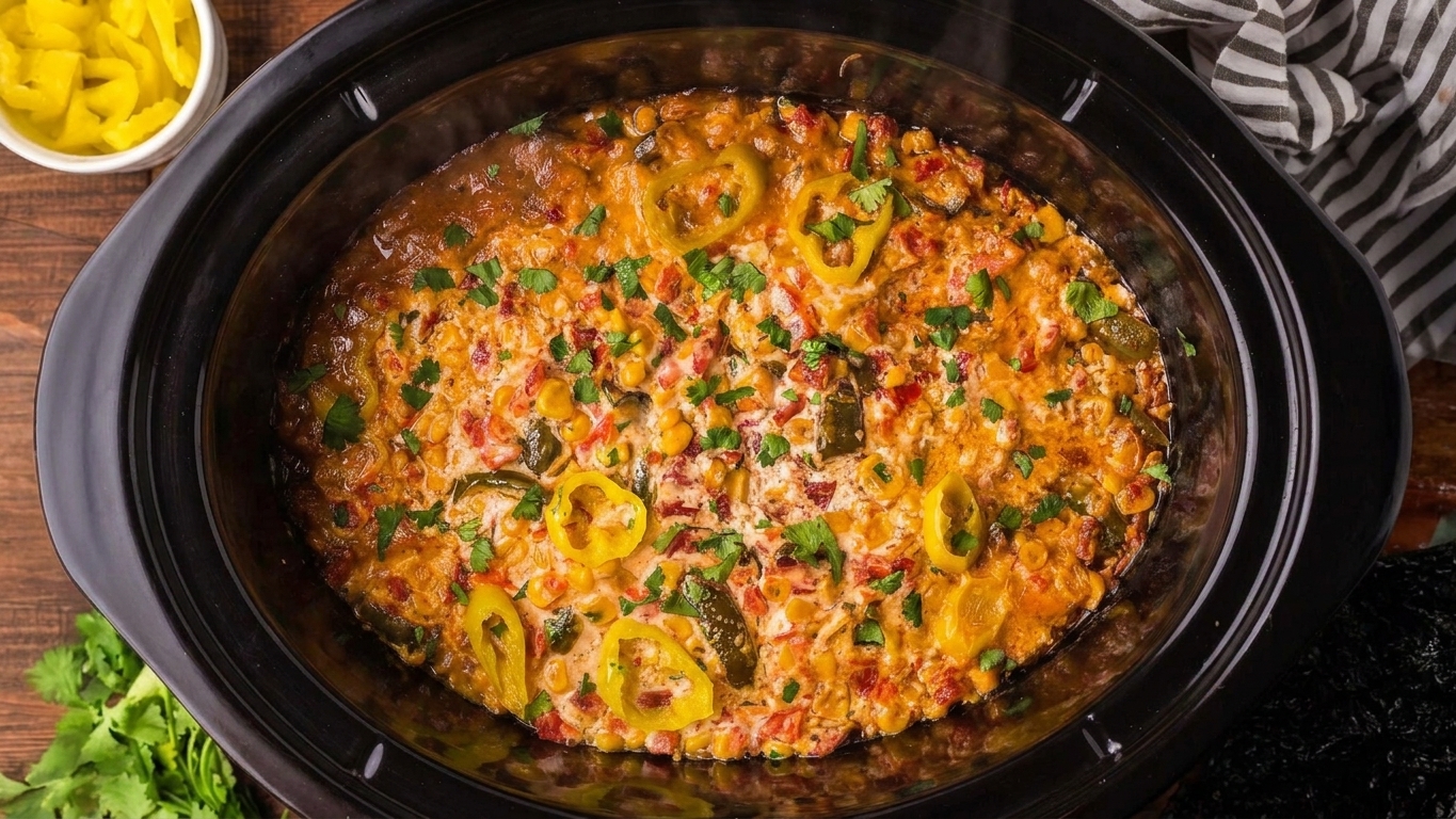 A slow cooker with creamy orange sweet potato nacho dip, garnished with cilantro and sliced jalapeños