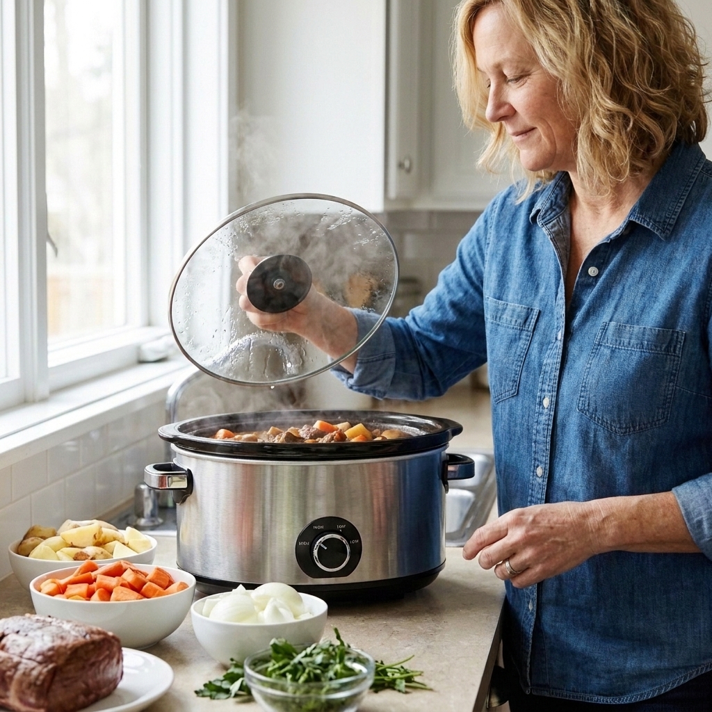 A slow cooker with the lid just lifted and steam rising, showing a simmering stew inside