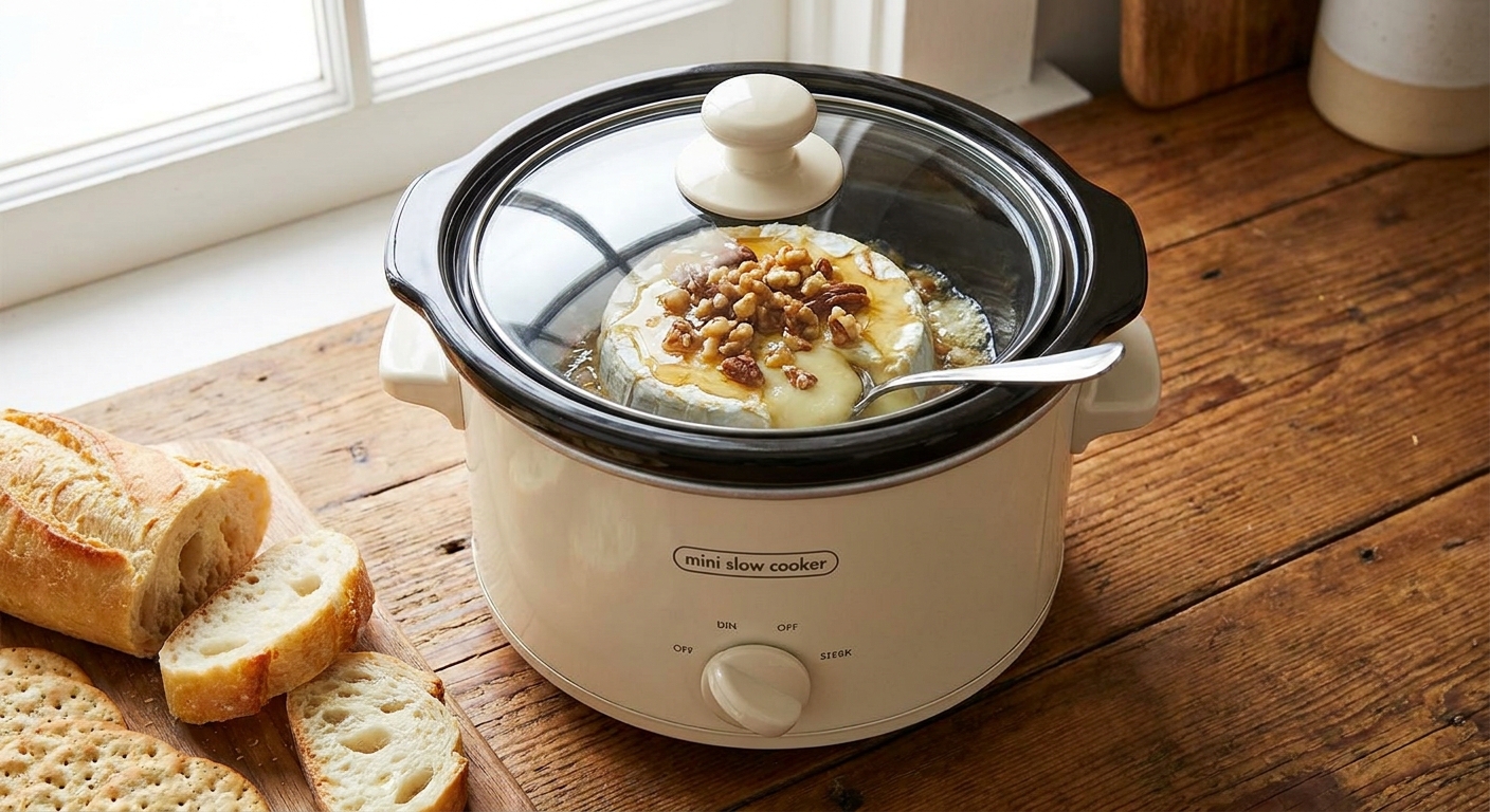 A small 1.5-quart mini slow cooker on a kitchen counter holding a round of brie warmed until soft and glossy, topped with honey and chopped nuts