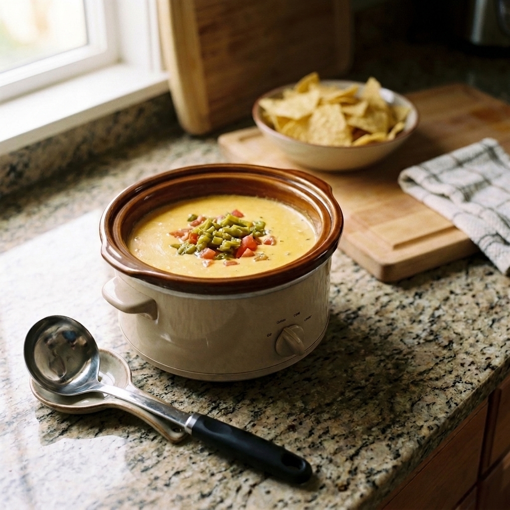 A small 3-quart slow cooker filled halfway with creamy cheese dip and a serving spoon nearby