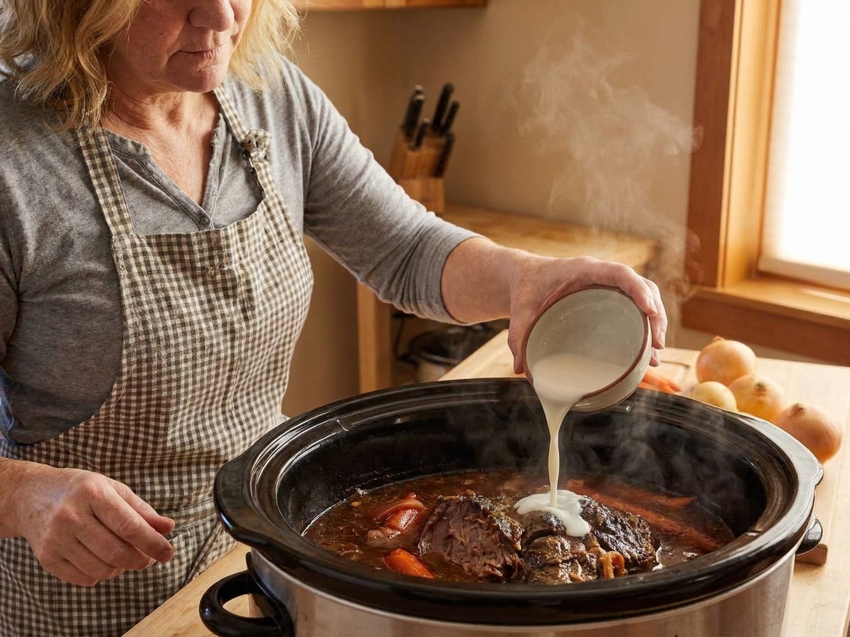 A small bowl of cornstarch slurry being poured into hot pot roast cooking liquid to thicken into gravy