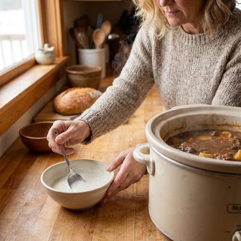 A small bowl of cornstarch slurry with a spoon beside a slow cooker