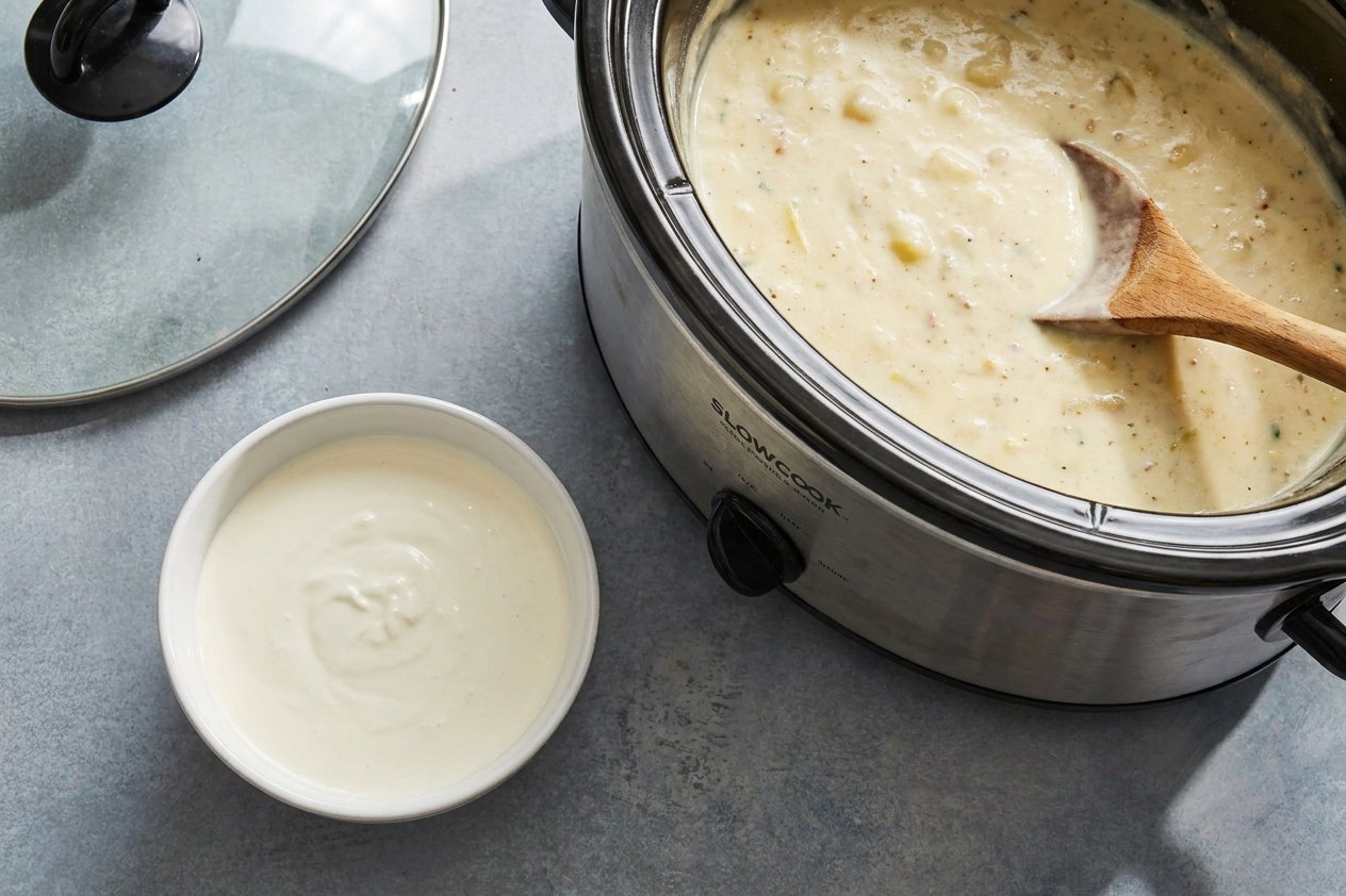 A small bowl of heavy cream set beside a slow cooker, ready to be stirred into soup