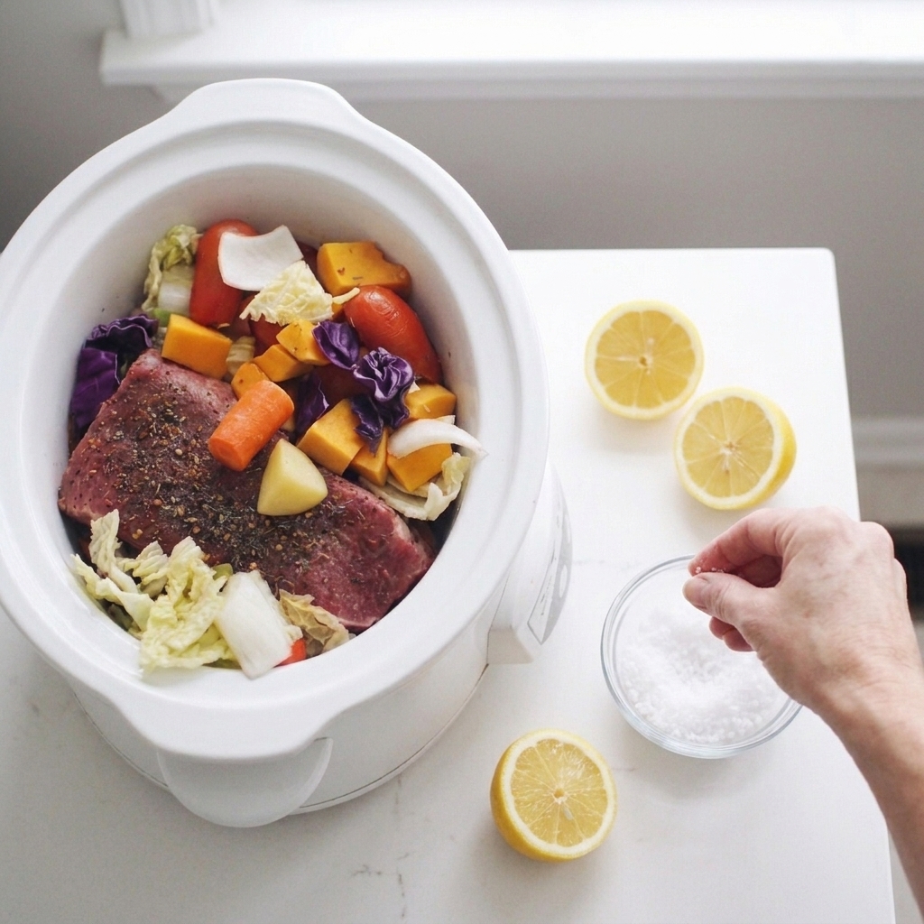 A small bowl of salt and a halved lemon beside a slow cooker on a kitchen counter, ready to finish seasoning