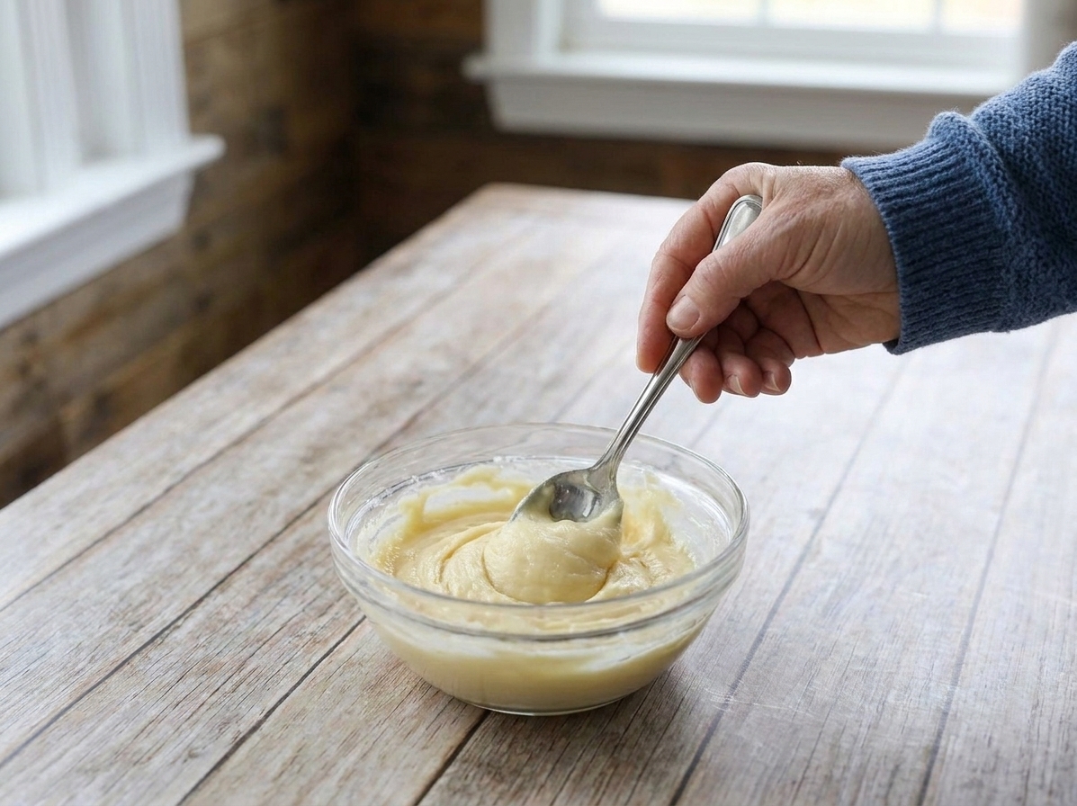 A small bowl with a smooth butter and flour paste being mixed with a spoon on a wooden cutting board