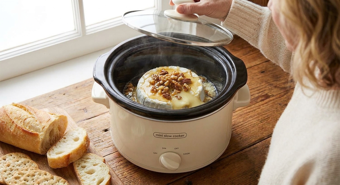 A small brie wheel warming inside a mini slow cooker, lid lifted slightly to show the cheese beginning to soften around the edges