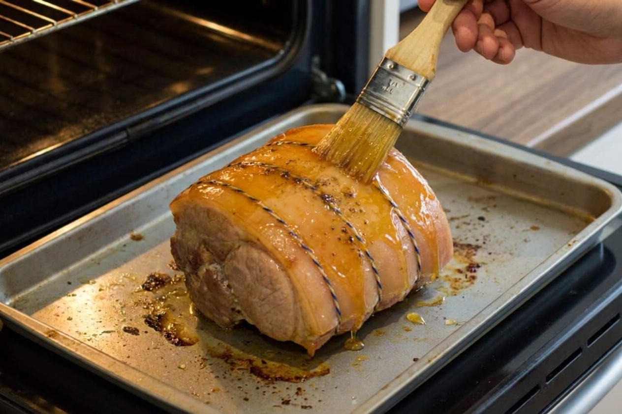 A small cooked gammon joint on a baking tray being brushed with a honey glaze before going into the oven