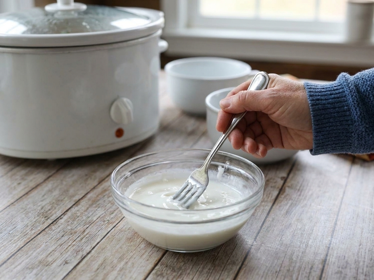 A small glass bowl on a countertop with cornstarch slurry being whisked smooth with a fork