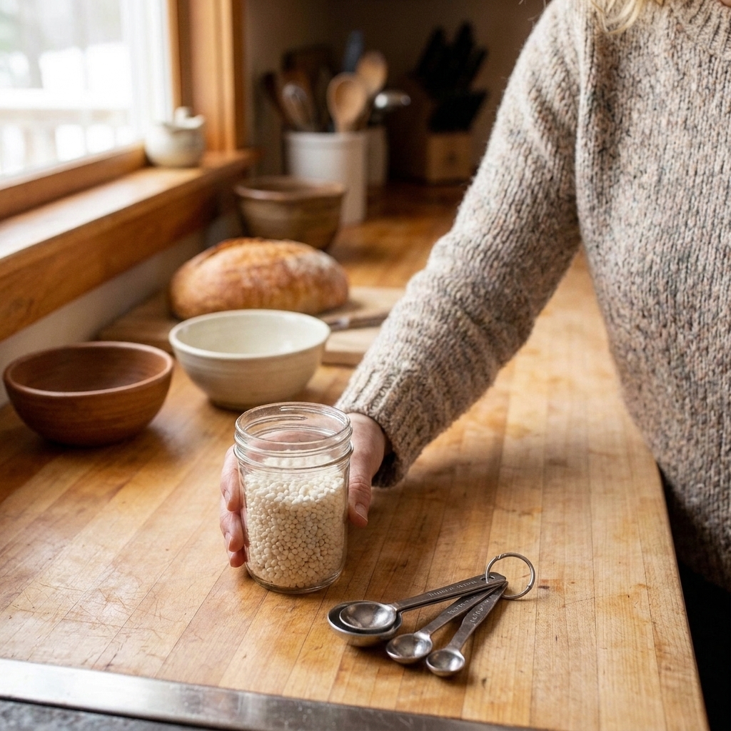 A small glass jar of quick-cooking tapioca granules on a kitchen counter next to measuring spoons