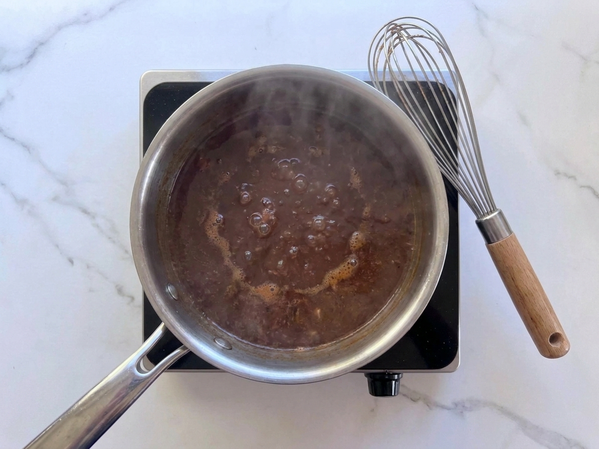 A small saucepan of dark lamb braising liquid simmering on a stovetop with a whisk resting beside it