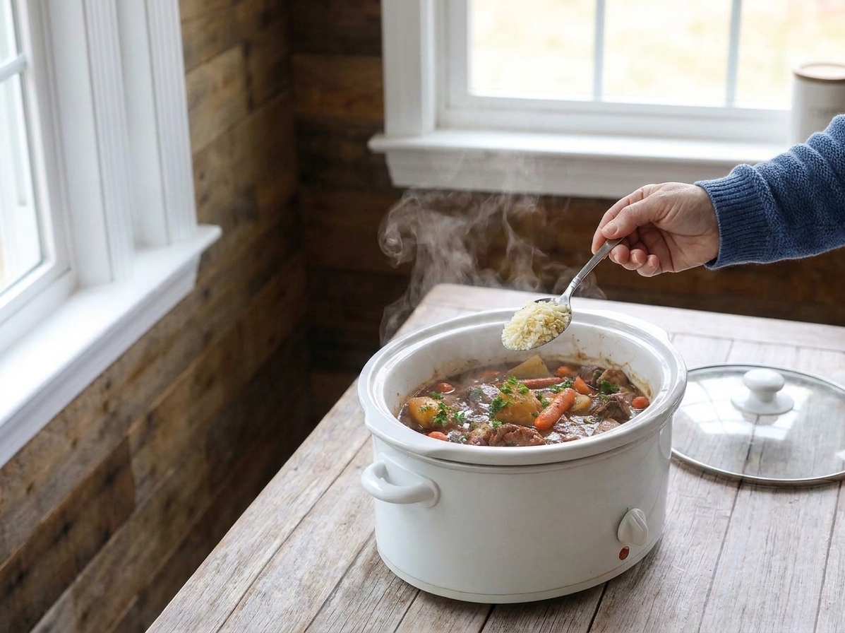 A spoon holding instant potato flakes hovering over a steaming pot of stew on a kitchen counter
