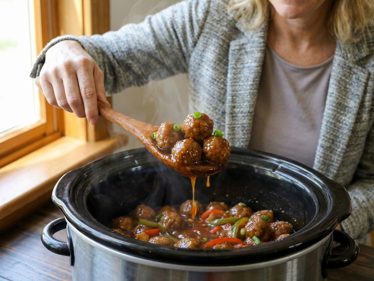 A spoon scooping smoky chipotle peach glazed meatballs from a slow cooker, sauce thick and shiny