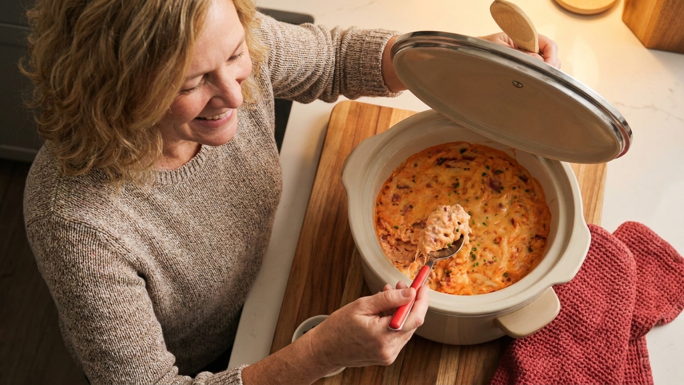A spoon stirring a creamy cheese dip inside a slow cooker with the lid propped slightly open on a kitchen counter
