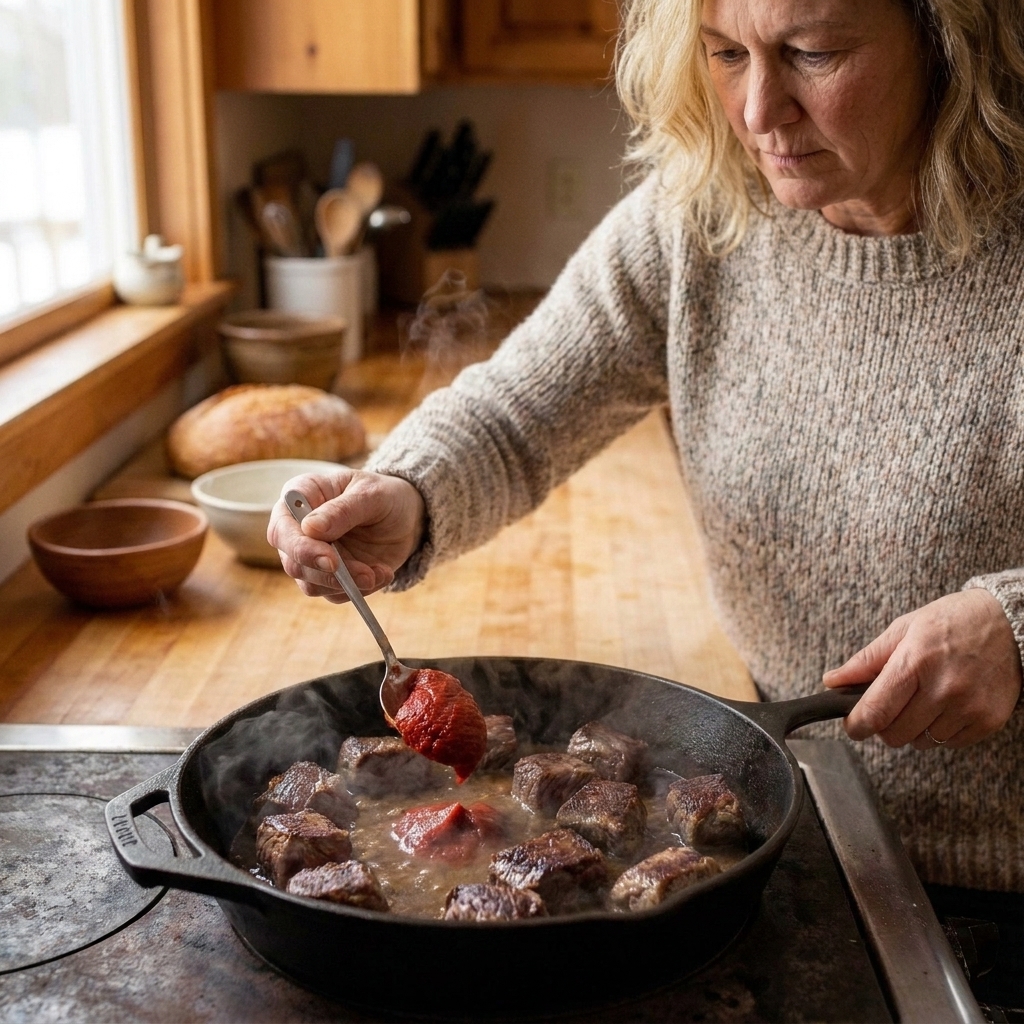 A spoonful of tomato paste being stirred into a skillet with browned bits and broth to deglaze
