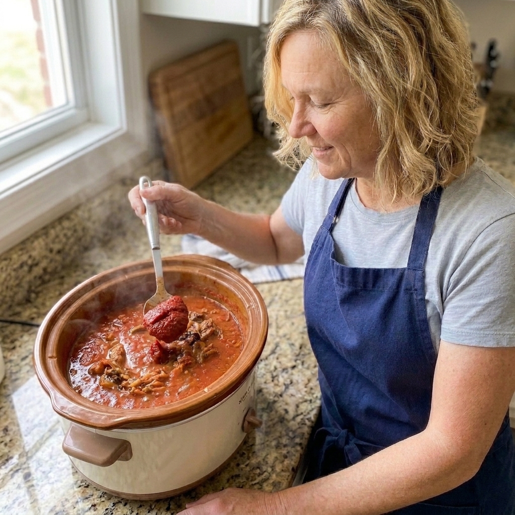 A spoonful of tomato paste being stirred into a slow cooker of sauce to thicken it