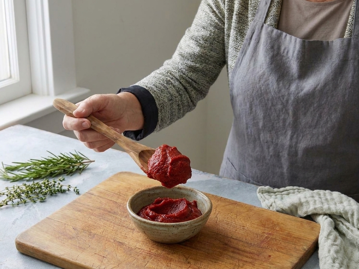 A spoonful of tomato paste held over a small bowl on a kitchen counter