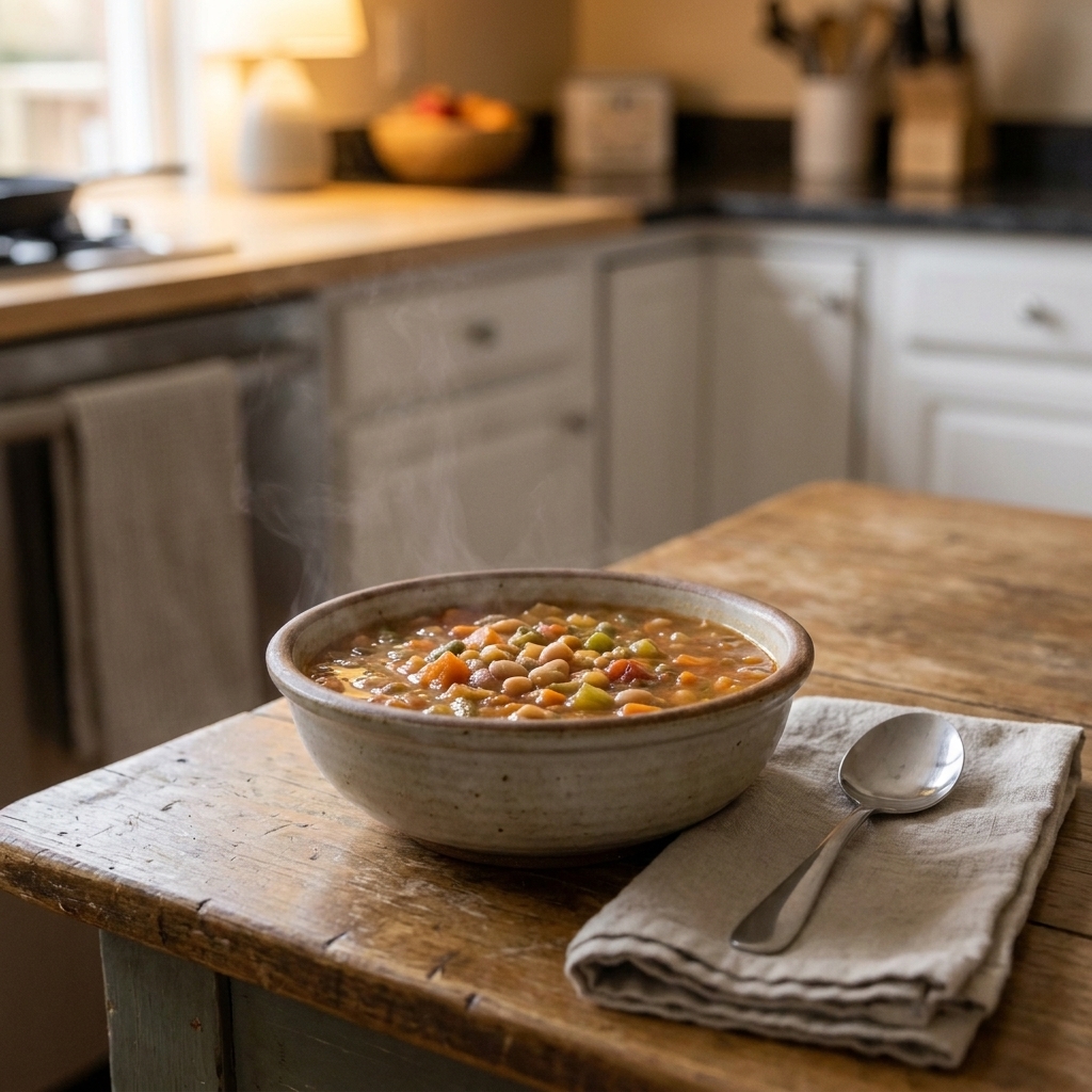 A steaming bowl of homemade soup on a wooden table with a spoon and a simple cloth napkin in a cozy dinnertime setting
