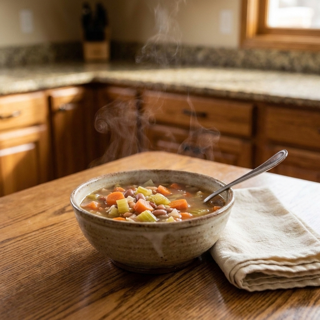 A steaming bowl of homemade soup on a wooden table with a spoon and a folded napkin nearby