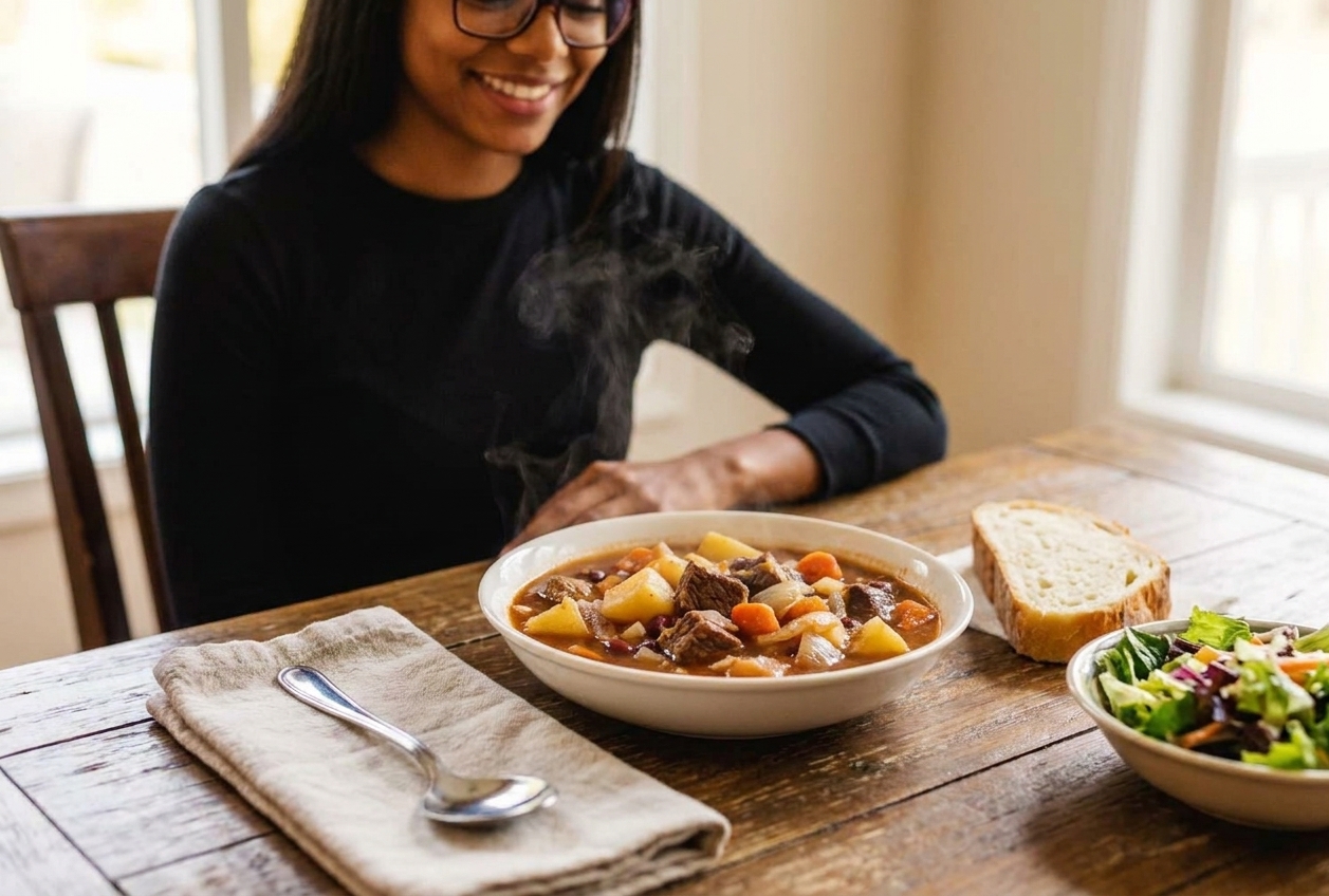 A steaming bowl of slow cooker beef stew on a wooden table, with a spoon beside it and a simple, cozy dinner setting
