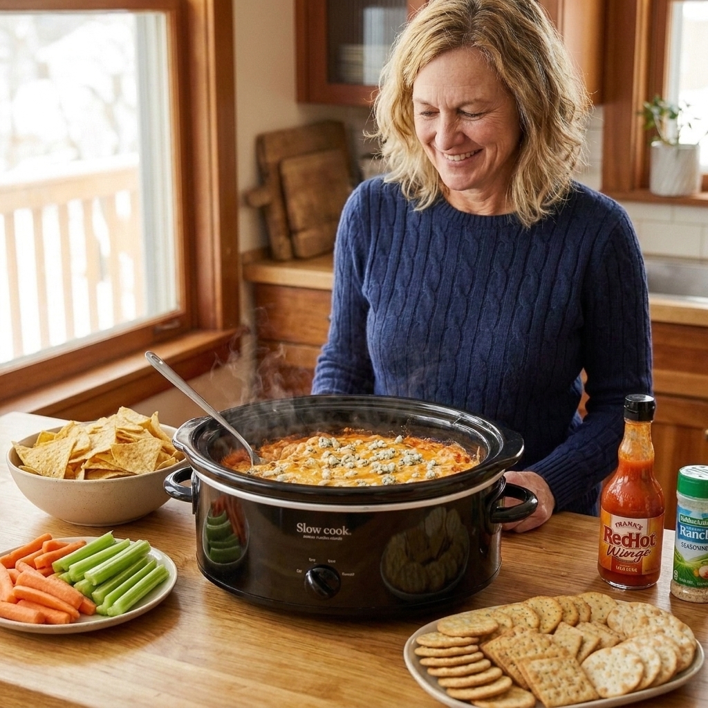 A table setting with buffalo chicken dip in a slow cooker surrounded by tortilla chips, celery sticks, carrot sticks, and crackers