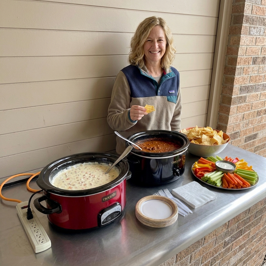 A tailgate setup with a slow cooker plugged in, bowls of chips, and serving spoons set out for guests