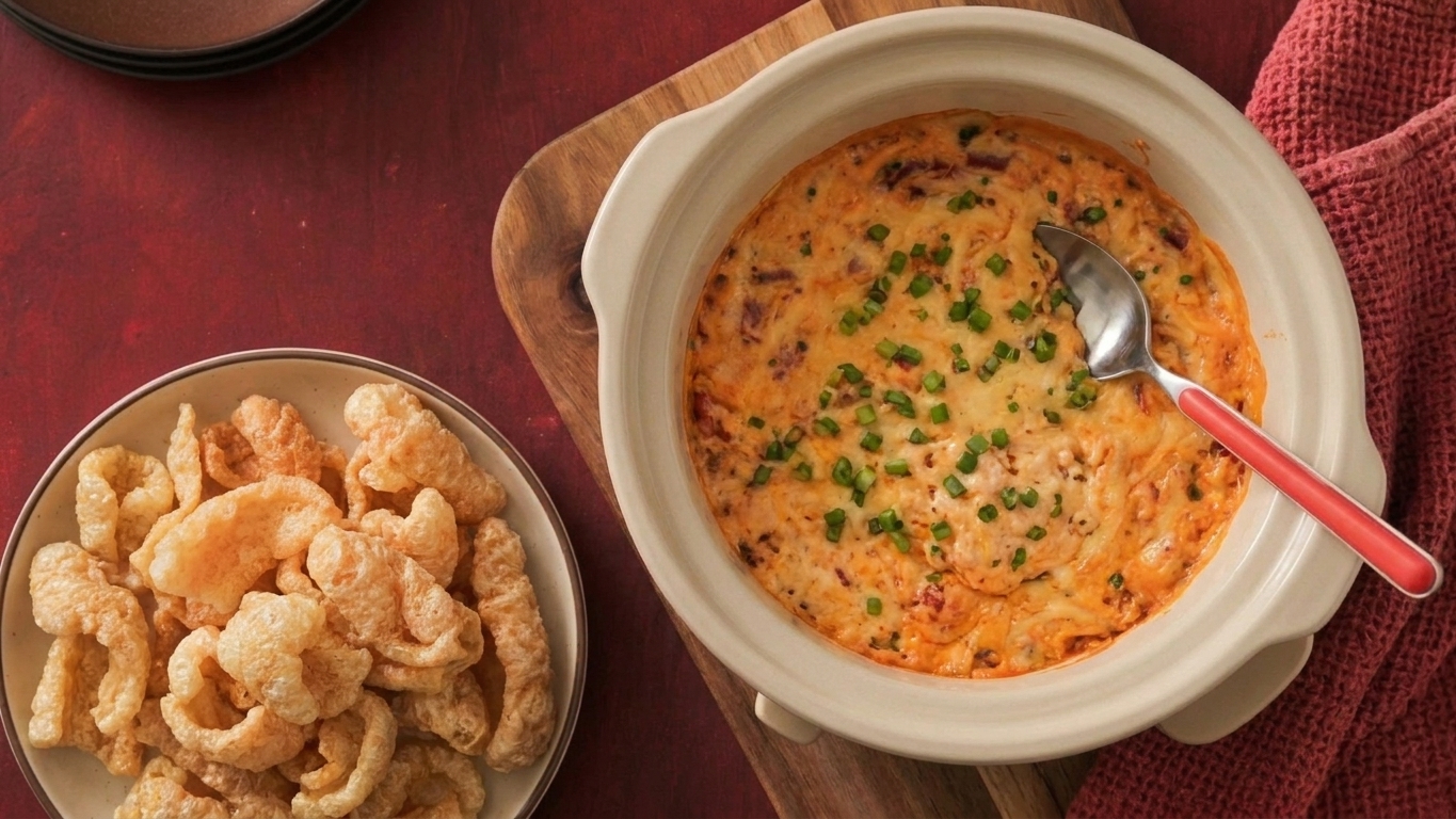 A thick cheese queso with crumbled chorizo in a slow cooker, with pork rinds in a bowl beside it
