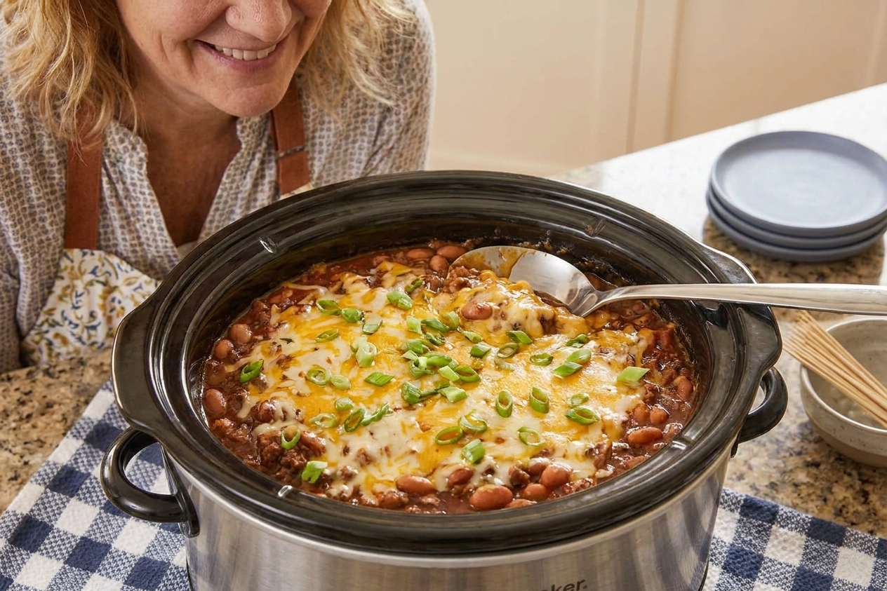 A thick, scoopable taco bean dip in a slow cooker topped with melted cheese and scattered green onions