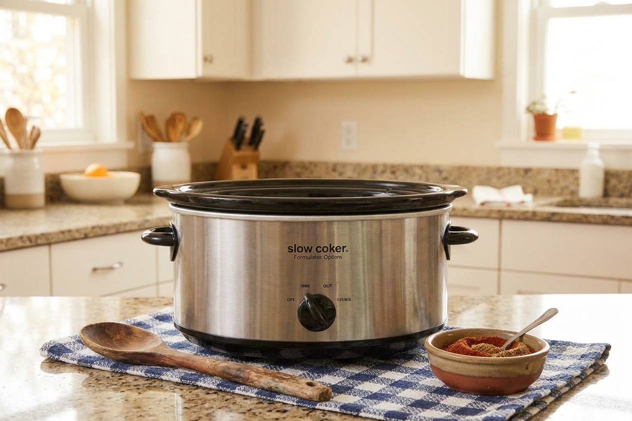 A vintage-style crockpot sitting on a kitchen counter next to a wooden spoon and a small bowl of spices
