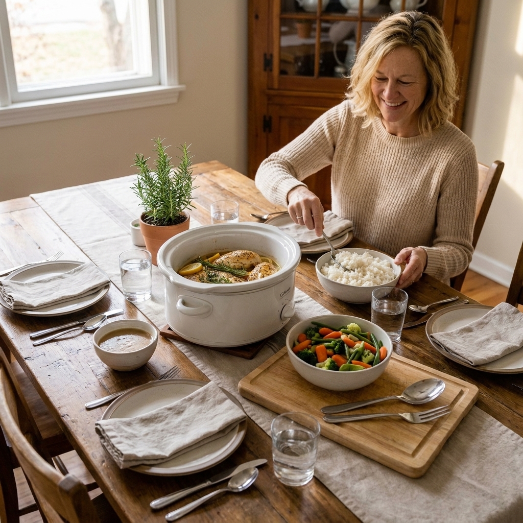 A weeknight dinner table set with sliced slow cooker chicken, steamed vegetables, and rice served family-style