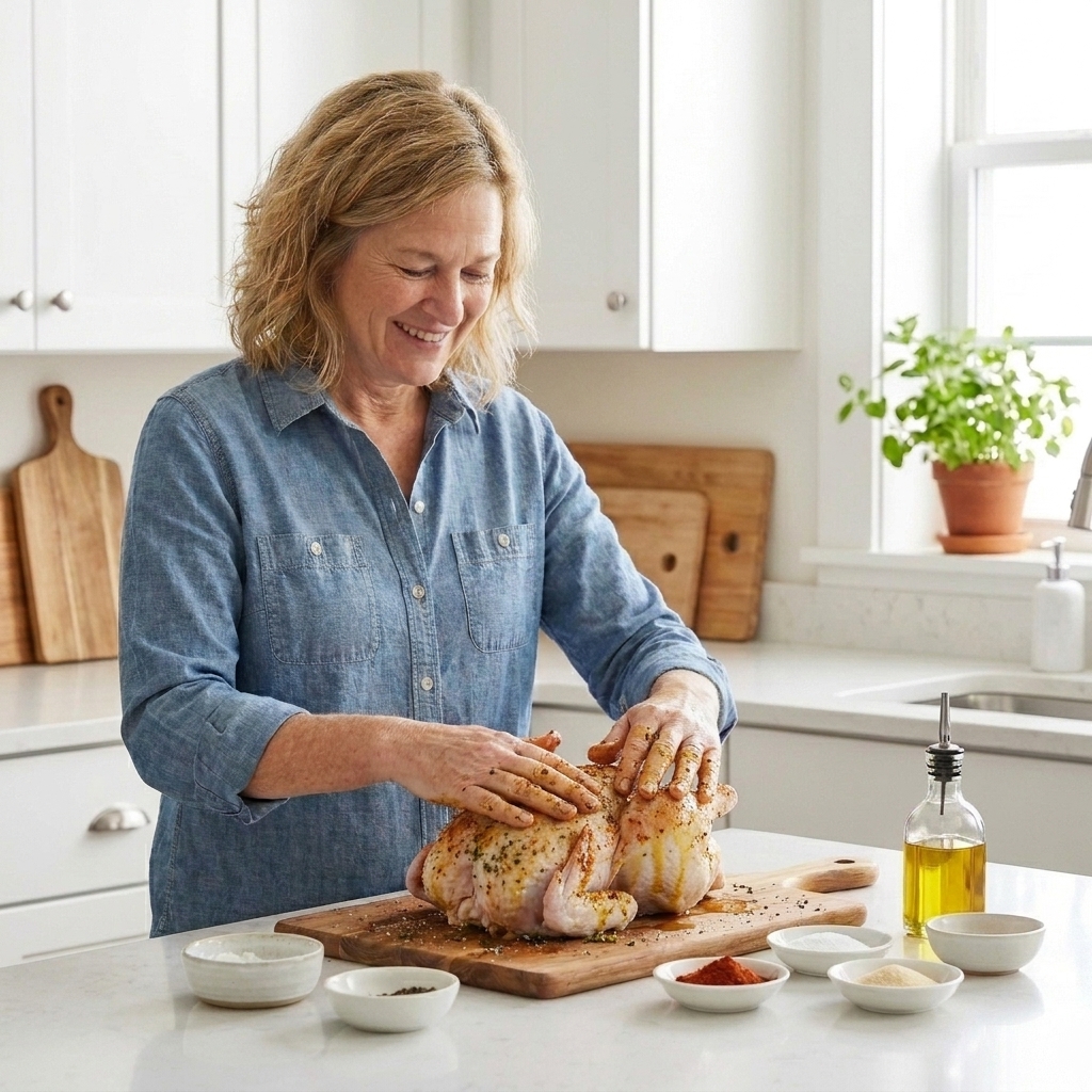 A whole chicken being rubbed with oil and spices on a cutting board, with seasoning bowls nearby
