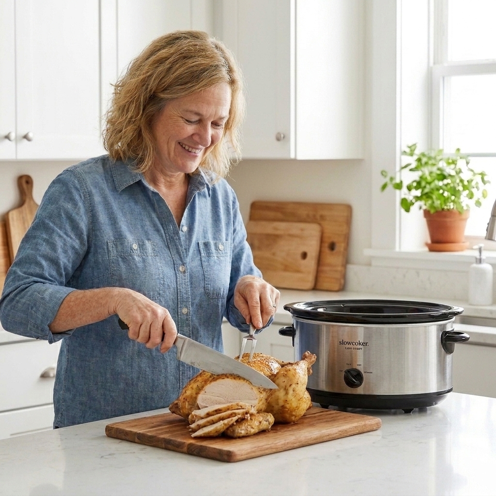 A whole cooked chicken being carved on a wooden cutting board with a chef's knife