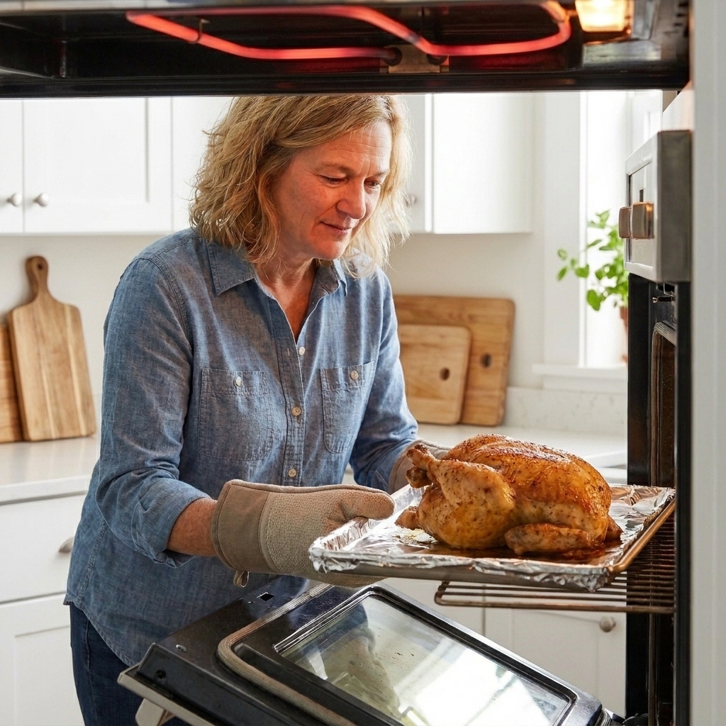 A whole cooked chicken on a foil-lined sheet pan being placed under an oven broiler