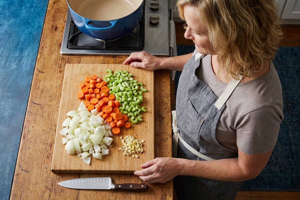 A wooden cutting board covered with chopped onions, carrots, celery, and garlic with a chef's knife beside them