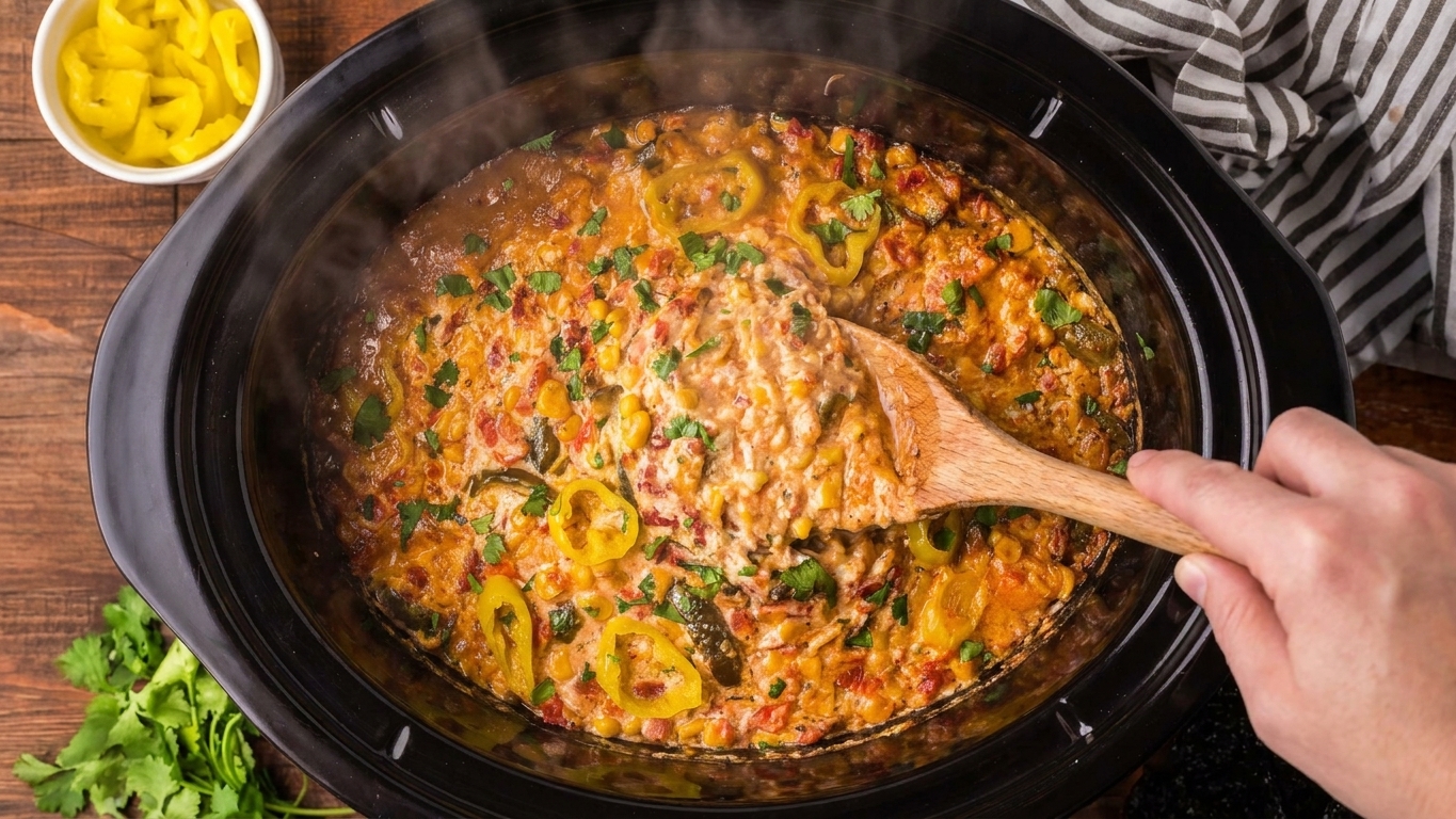 A wooden spoon stirring a creamy dip inside a slow cooker on a kitchen counter, with steam rising
