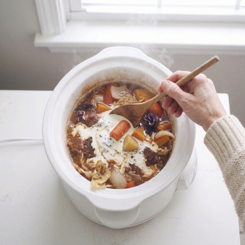 A wooden spoon stirring a swirl of cream into a slow cooker sauce, creating a creamy texture