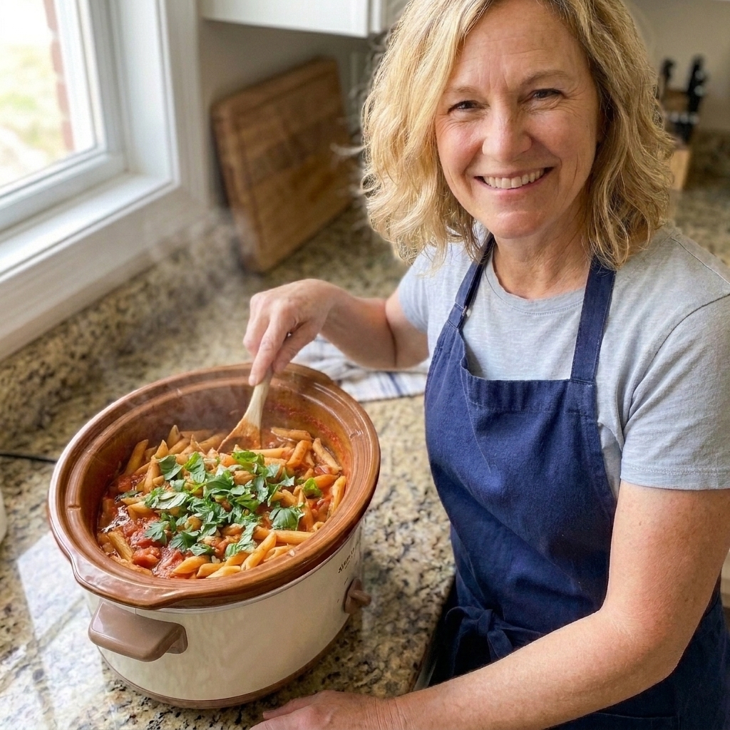 A wooden spoon stirring pasta and sauce inside a slow cooker, with steam rising