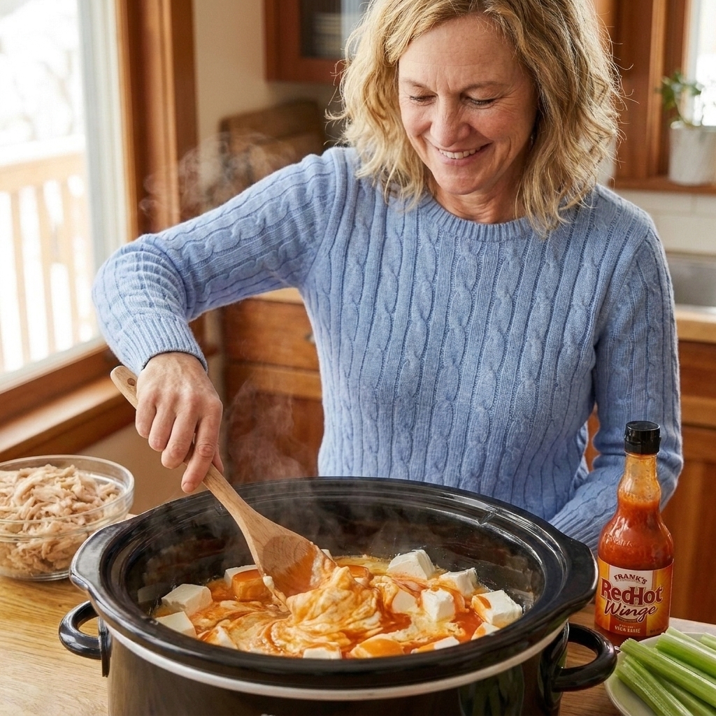A wooden spoon stirring softened cream cheese and buffalo sauce inside a slow cooker
